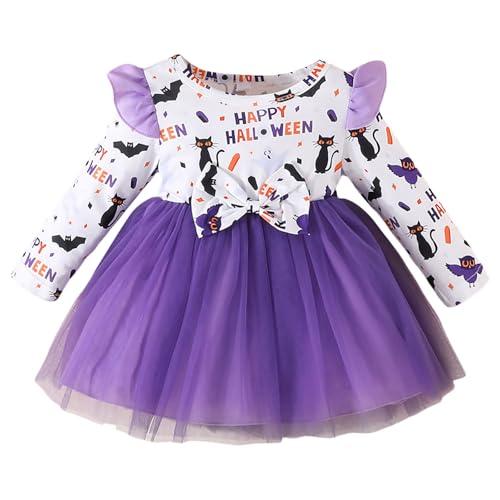 Halloween Girls Dresses wojonifuiliy01 - Kleinkind Kinder Mädchen-Langarm Bowknot Cartoon Drucke Kleider Tüll Kleid Kleidung (Purple, 9-12 Months) von Generic