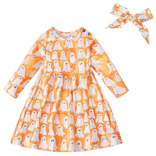 Halloween Girls Dresses wojonifuiliy01 - Mädchen Kleinkind-Kinder Baby Langarm Halloween-Kürbis Gedruckt Prinzessin Kleid (Orange, 12-18 Months) von Generic