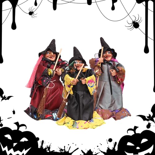 Halloween Hanging Decoration - Hexenpuppe mit 3X Desktop -Besen, Spukhaus -Requisite | Desktop -Besen Hexenpuppen, seltsame Gesichtsausdrücke Hexenpuppe, Halloween -Party -, gruselige Wohnkultur von Generic