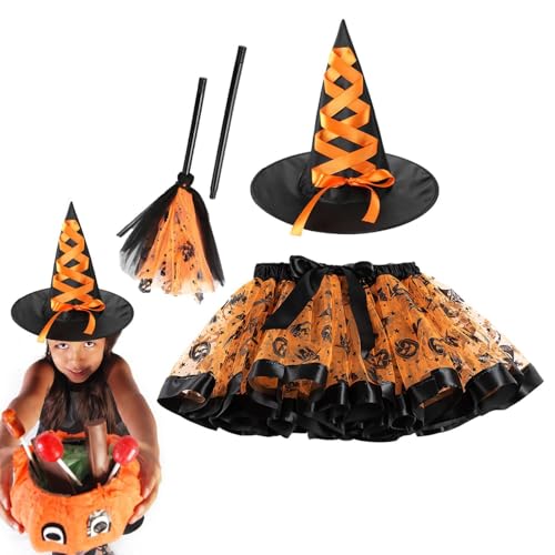 Halloween-Hexenkostüm – Halloween-Mädchen-Hexen-Outfit, Hexen-Tutu-Kostümrock | Gruseliges Hexen-Cosplay-Outfit Mit Hut Und Besen, Gruseliges Halloween-Rollenspielkostüm Für Halloween-Karnevalsmaskera von Generic