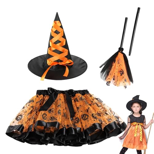 Halloween-Hexenkostüm – Halloween-Mädchen-Hexen-Outfit, Hexen-Tutu-Kostümrock | Gruseliges Hexen-Cosplay-Outfit Mit Hut Und Besen, Gruseliges Halloween-Rollenspielkostüm Für Halloween-Karnevalsmaskera von Generic