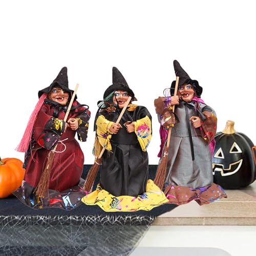 Halloween-Hexenstatue,Halloween-Hexenfigur,3X Hexenornament Wohndekoration | Horror Festival Besen Puppe Streich Requisiten für Esstisch Spukhaus von Generic