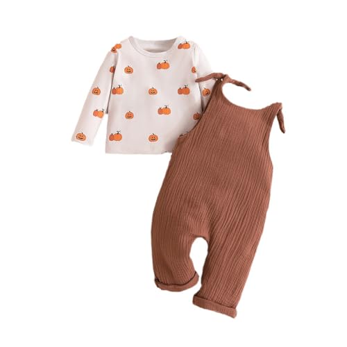 Halloween Kinder Jungen Kleinkind Outfit - Neugeborenen Halloween Baby Junge Mädchen Outfit Kürbis Langarm Shirt Tops Strampler Overall Halloween-Kleidung 2 stücke Set (Brown, 12-18 Months) von Generic