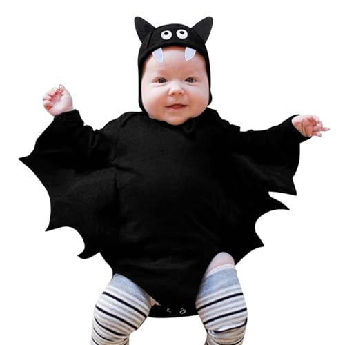 Halloween Kinder Jungen Outfits wojonifuiliy01 - Baby Fledermauskostüm Fledermaus Langarm Strampler Body mit Mützen (Black, 0-3 Months) von Generic