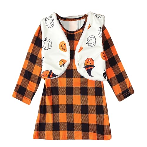 Halloween Kinder-Kleid für Kleinkinder - Insgesamt Kinder Plaid Mädchen Baby-Halloween Set Tops Rock Kleid Weste Mädchen Outfits & Set (Orange, 18-24 Months) von Generic