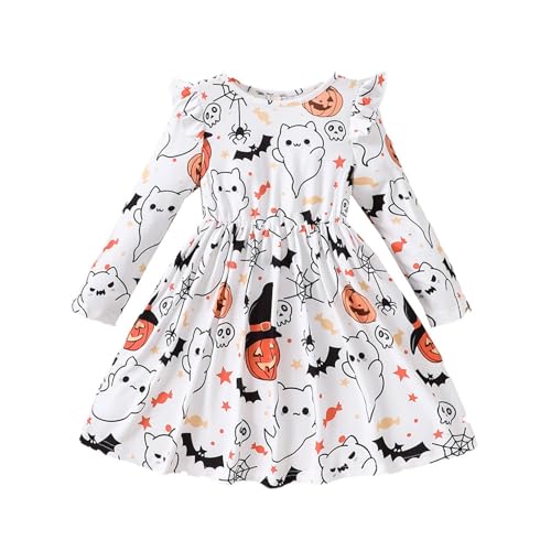 Halloween Kinder-Kleid für Kleinkinder - Kinder Mädchen Frühling Halloween Gedruckt Langarm Kleid (White, 5-6 Years) von Generic