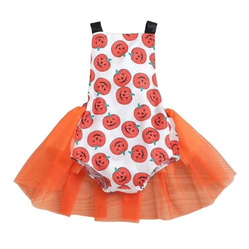 Halloween Kinder Mädchen Kleinkind Outfit - Kinder Kleinkind Baby Mädchen Frühling Floral Baumwolle Druck Ärmellose Halloween-Tüll Strampler Body Socken Outfits Kleidung (Orange, 0-6 Months) von Generic