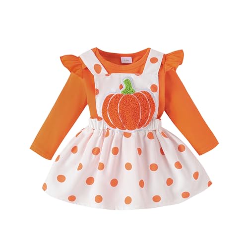 Halloween Kinder Mädchen Outfits wojonifuiliy01 - Baby Mädchen Halloween Langarm Romper Bodysuits Cartoon Kürbis Sticken Röcke Neugeborenen Outfits (Orange, 0-3 Months) von Generic