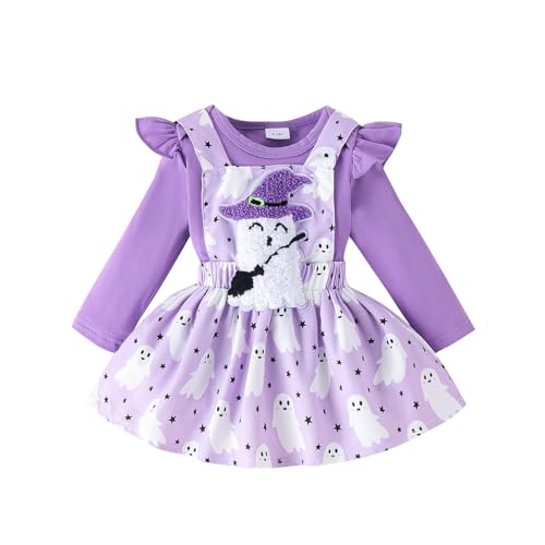 Halloween Kinder Mädchen Outfits wojonifuiliy01 - Baby Mädchen Halloween Langarm Romper Bodysuits Cartoon Kürbis Sticken Röcke Neugeborenen Outfits (Purple, 0-3 Months) von Generic