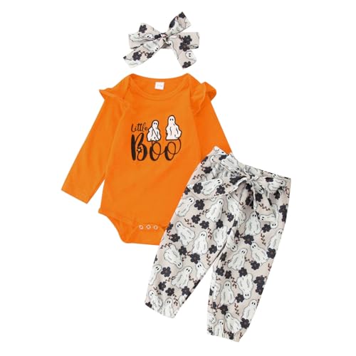 Halloween Kinder Mädchen Outfits wojonifuiliy01 - Säuglings-Kleinkind-Mädchen-Karikatur-Kürbis-Ghostface-Stickerei Langarm-Spielanzug Tops Hosen Stirnband 3-teilig (Orange, 12-18 Months) von Generic