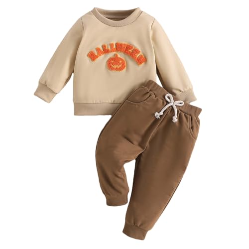 Halloween Kinder Mädchen wojonifuiliy01 - Kleinkind Jungen Mädchen-Halloween Kürbis Sticken Tops T Shirt Pullover Hosen Outfits (Beige, 12-18 Months) von Generic