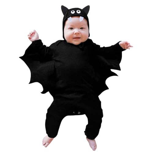 Halloween Kinder wojonifuiliy01 - Baby Fledermauskostüm Kostüm Schwarzer Fledermaus Langarm-Spielanzug-Overall mit Mützen-Set (Black, 12-18 Months) von Generic