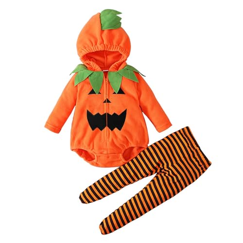 Halloween Kinder wojonifuiliy01 - Baby Mädchen Jungen Halloween-Kleidungssets Langarm Fleece Reißverschluss Kapuzenspielanzug Jacke Tops Gestreifte Hosen Leggings mit Füßen (Orange, 0-6 Months) von Generic