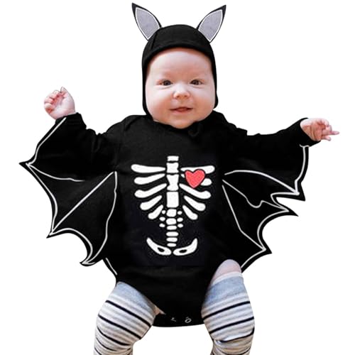 Halloween Kinder wojonifuiliy01 Jungen-Overall - Baby Fledermauskostüm Kostüm Schwarz Fledermaus Langarm Strampler Bodysuit mit Mützen Set (Black, 6-12 Months) von Generic