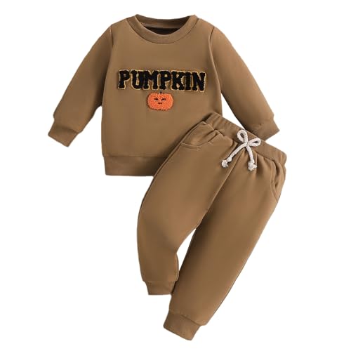 Halloween Kinder wojonifuiliy01 Mädchen-Overall - Kleinkind Jungen Mädchen Halloween Kürbis Sticken Tops T Shirt Pullover Hosen Outfits (Brown, 12-18 Months) von Generic