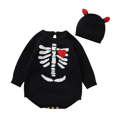 +Halloween Kinder wojonifuiliy01 - Neugeborenes Baby Mädchen Jungen Rundhals Halloween Outfits Langarm Strampler Strickpullover Bodysuit Overall mit Mütze (Black, 0-3 Months) von Generic