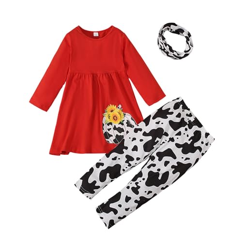 Halloween Kinder wojonifuiliy01 Outfits&Set - Kleinkind Baby Mädchen Halloween Outfit Langarm Kürbis Rüschen Kleid Top Kuh Print Leggings mit Stirnband 3 Stück Kleidung Set (Red, 3-4 Years) von Generic