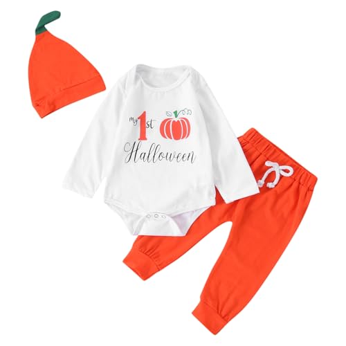 Halloween Kinder wojonifuiliy01-Outfits&Set - Säuglings- Kleinkinderanzug für Jungen Mädchen mit Buchstaben-Kürbis-Aufdruck, langärmelig, lässige Hose mit Mütze, 3-teilig (White, 6-12 Months) von Generic