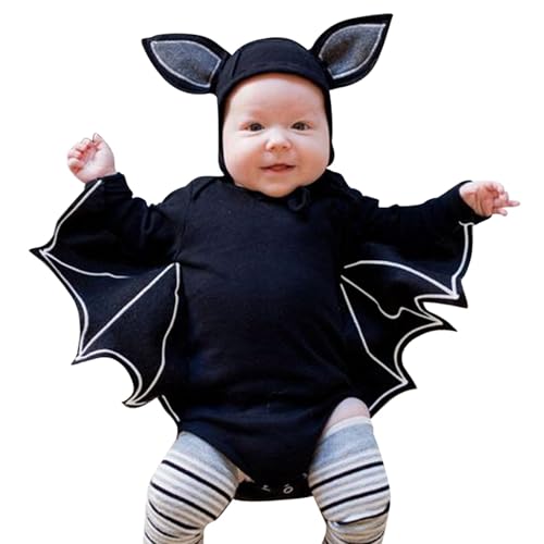 Halloween Kinder wojonifuiliy01 Party-Outfits - Baby Fledermauskostüm Outfit Neugeborenes Baby Junge Mädchen Kostüm Schwarzer Fledermaus Langarm Strampler Body mit Mützen (Black, 12-18 Months) von Generic