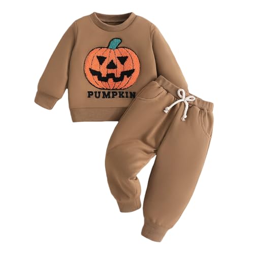 Halloween Kinder wojonifuiliy01 Strampler - Kleinkind Jungen Mädchen Halloween-Langarm Kürbis Sticken Tops T Shirt Pullover Hosen Outfits (Brown, 12-18 Months) von Generic