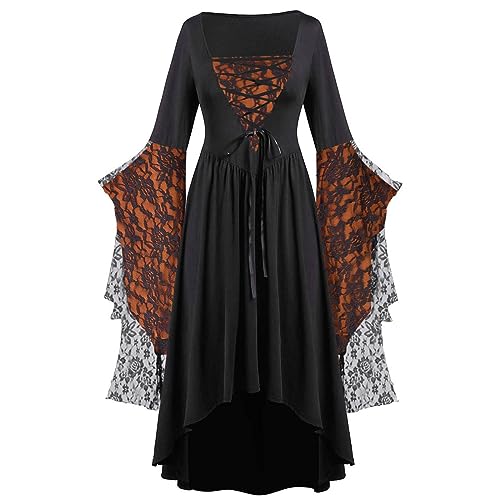 Halloween Kleider Damen Retro Partykleid Gothic Kleidung S teampunk Rockabilly Kostüm Minikleid Hexenkleid R enaissance Hexenkostüm Damen Halloween Karneval Kostüm (Orange, XL) von Generic