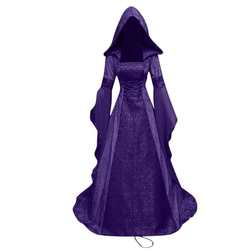 Halloween Kostüm Damen, Gothic Kleidung Damen Langarm Schnürkleid Damen mit Kapuze Vintage Mittelalter Kleid Trompetenärmel Maxikleider Renaissance Kleider Frauen Festlich Cosplay von Generic