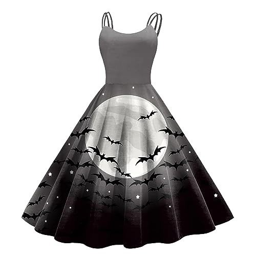 Halloween Kostüm Damen, Lang Swing Kleid Damen Cocktailkleider Damen Ohne Ärmel Elegant kleiderFledermaus Drucken Mode Trägerkleid Mondschloss Dresses Formell Festival Ballkleid von Generic