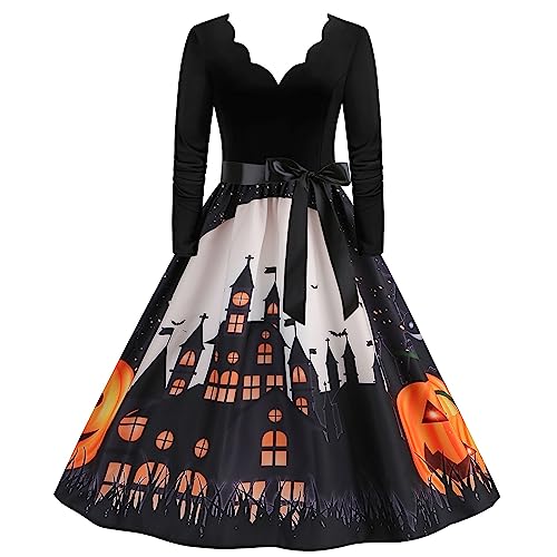 Halloween Kostüm Damen, Lang Swing Kleid Damen mit Gürtel Cocktailkleider Damen Langarm Elegant kleiderLustiger Kürbis Fledermaus Drucken Mode Partykleid Dresses Formell Festival Ballkleid von Generic