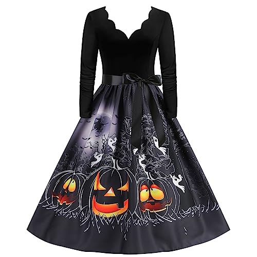 Halloween Kostüm Damen, Lang Swing Kleid Damen mit Gürtel Cocktailkleider Damen Langarm Elegant kleiderLustiger Kürbis Fledermaus Drucken Mode Partykleid Dresses Formell Festival Ballkleid von Generic