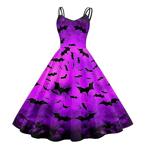 Halloween Kostüm Damen, Lang Swing kleid Damen Cocktailkleider Damen Ohne Ärmel Elegant Halloween Kleid Mode Trägerkleid Fledermaus Drucken Dresses Formell Festival Ballkleid von Generic