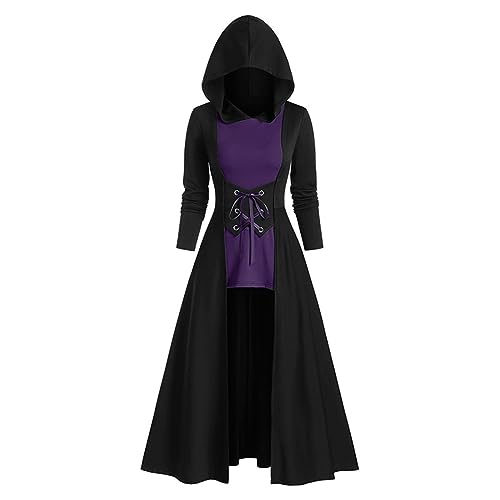 Halloween Kostüm Damen, Schnürkleid Damen mit Kapuze Langarm Gothic Kleidung Vintage Mittelalter Kleid Gebunden Taille Mode Maxikleider Renaissance Kleider Frauen Festlich Cosplay von Generic