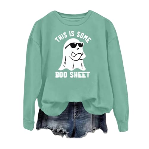 Halloween Kostüm Damen Pumpkin Geist Druck Sweatershirt Langarm Rundhals Pulli Oversized Lustige Casual Langarm Pullover Karneval Halloween Kostüm Damen Lustig Tops Oversized Lustige (Mint Green, S) von Generic