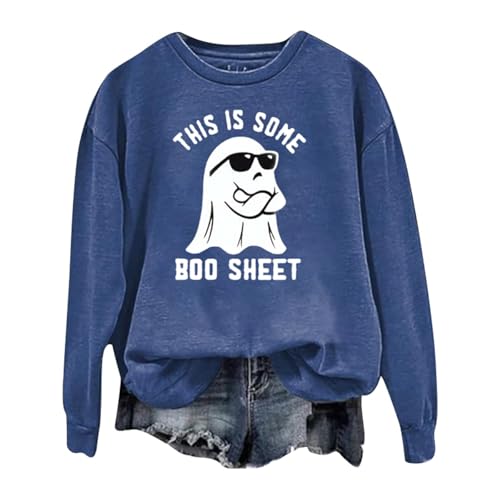 Halloween Kostüm Damen Pumpkin Geist Druck Sweatershirt Langarm Rundhals Pulli Oversized Lustige Casual Langarm Pullover Karneval Halloween Kostüm Damen Lustig Tops Oversized Lustige Casual (Blue, S) von Generic