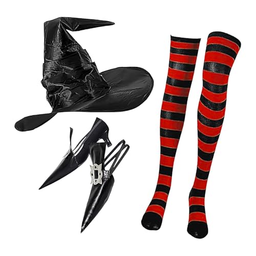 Halloween-Kostüme – Halloween-Hexenkostüm, spitze Hexenschuhe, Dekoration | Halloween-Anzieh-Cosplay-Sets, gruselige spitze Hexenschuhe-Dekoration, gestreifte kniehohe Socken, Hexenhut-Set für Party von Generic