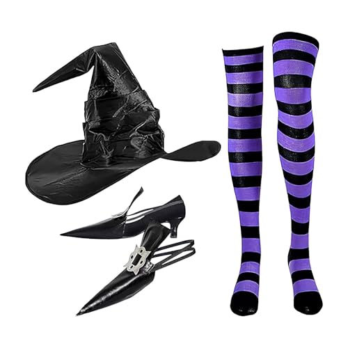 Halloween-Kostüme – Halloween-Hexenkostüm, spitze Hexenschuhe, Dekoration | Halloween-Anzieh-Cosplay-Sets, gruselige spitze Hexenschuhe-Dekoration, gestreifte kniehohe Socken, Hexenhut-Set für Party von Generic