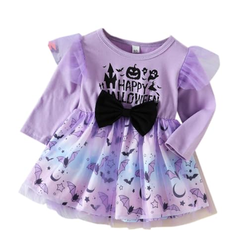 Halloween Mädchen Kleinkind wojonifuiliy01 - Neugeborenes Mädchen Kleinkind Langarm Cartoon Halloween Kürbis Buchstaben Drucke Bowknot Mesh Tüll Prinzessin Kleid (Purple, 0-6 Months) von Generic