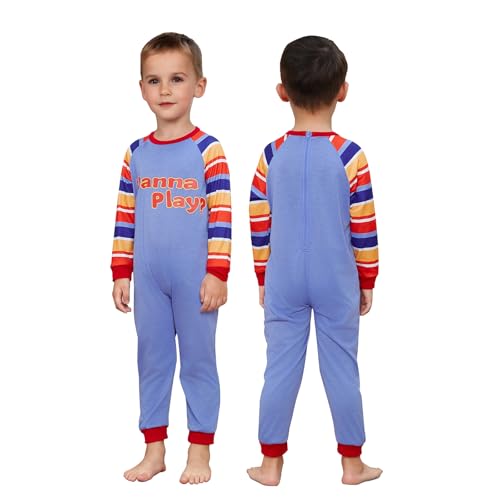 Halloween Overall für Erwachsene Kinder Killerpuppe Kostüm Langarm Brief gedruckt Jumpsuit für Kleinkind Baby (Blue Kid, 2T) von Generic