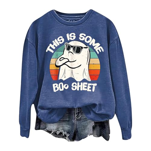 Halloween Pullover Damen Oversize Halloween Sweatshirt Oberteil Langarm Rundhals Pulli Halloween Druck Festival Festlich Langarmshirt Locker Oberteil Halloween Kostüm Oversize Festival (Blue, L) von Generic