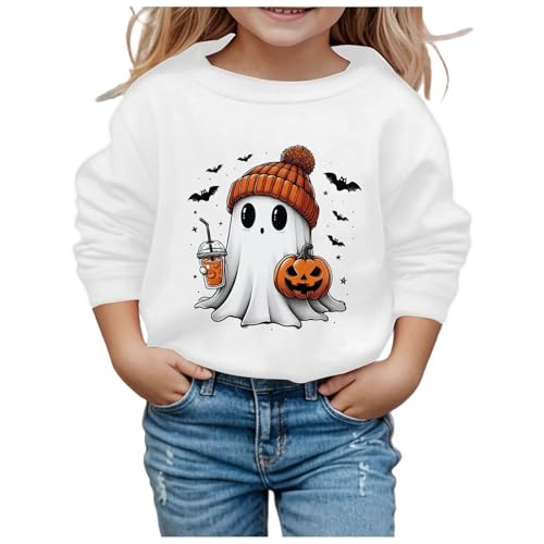 Halloween Sweatshirt Jungen Mädchen Kürbisse Drucken Langarm Rundhals Ohne Pullover Karneval Festival Festlich Kostüm Kinder Streetwear Kleidung Bedruckt Sweatjacke Kostüm Kinder (White, 7-8 Years) von Generic