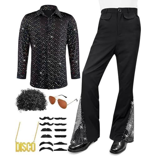 Herren 70er Jahre Disco Outfit Kostüm Karneval hippie Paillettenhemd Schlaghosen Set Perücken Halskette Schnurrbart Sonnenbrille 6Pcs Disco-Zubehör Mode von Generic