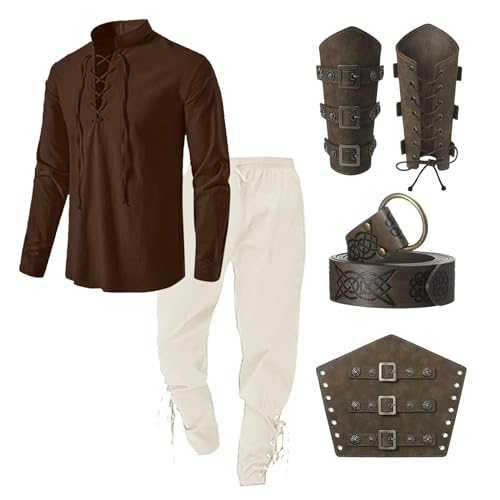 Herren Mittelalter Kleidung Renaissance Viktorian Piraten Hemd Top with Hose Männer Medieval Pirat Costume with Kniebundhose Männer Armschützer Steampunk Ritter Gürtel lustige Casual Herrenhosen von Generic