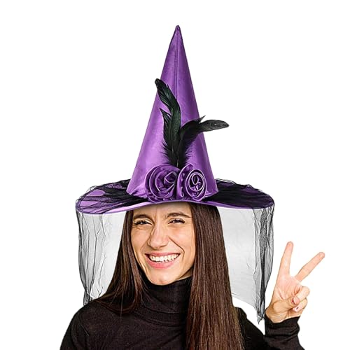 Hexenhut für Erwachsene, Hexenhüte für Frauen - Cosplay Hüte Halloween Hut,Partyhüte Hut mit breiter Krempe, spitzer Hut, Federrose, Zaubererhut, Halloween-Kostümzubehör von Generic