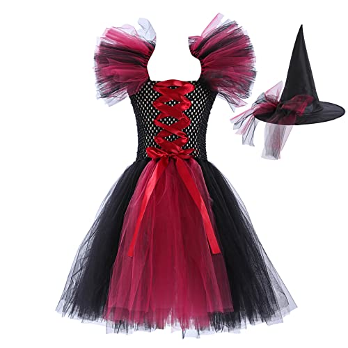 Hexenkostüm Mädchen Kostüm Kinder Faschingskostüme Halloween Karneval Kostüm Tüllrock Tütü Rock Bunt Zubehör Hexenhut für Junge Mädchen Halloween Cosplay Karneval (H, 8) von Generic