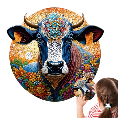 Hochlandkuh -Puzzle, runde Holzrätsel | Highland Cow 3D Rätsel | Kids Animal Head Design Aufklärungsspielzeug für Zuhause, Schule, Reisen, draußen von Generic