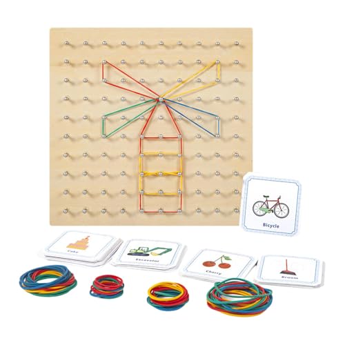 Holz-Spielzeug, Holz-Geoboard mit Gummiband, grafisches mathematisches Lernspielzeug für Kinder, Holz-Geoboard-Lerntafel, Frühlernspielzeug mit 50 Stück Musterkarten und 80 Stück Ela von Generic