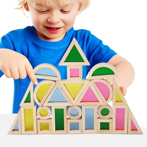 Holzblock-Set, Regenbogenblöcke | 24X Regenbogen-Stapelspielzeug aus Holz | Pädagogische geometrische Bausteine, interaktives Spielzeug-Stapelblock-Set für und Mädchen ab 4 Jahren von Generic