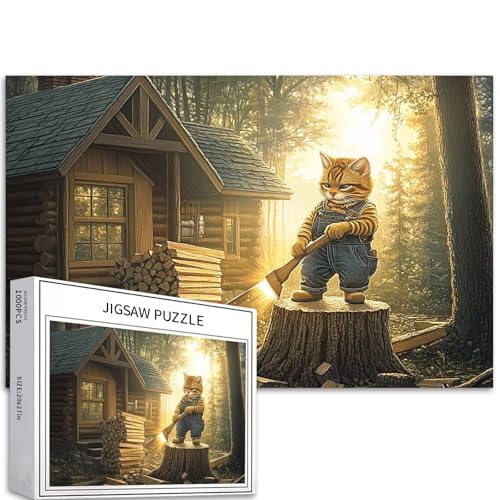 Holzfäller-Katze Puzzle für Erwachsene, Waldhütte, Hintergrund, Kunst-Puzzle, anspruchsvolle Familienaktivitäten, buntes DIY-Bastelpuzzle für Heimdekoration, Geschenke, 68 x 50 cm von Generic