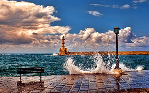 Holzpuzzle Erwachsene 1000 Teile Natur Landschaft Kunst Meer Wellen Leuchtturm Wolken Horizont Griechenland Kreta Küste 75 * 50Cm von Generic