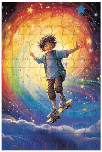 Holzpuzzle für Erwachsene, 1000 Teile, für Skateboard-Teenager, die auf dem Regenbogenpfad gleiten, im Cartoon-Stil (A ; 1000) von Generic