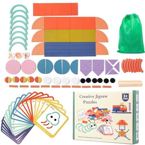 Holzpuzzle für Kinder, Holzmusterblöcke Set, 100x hölzerne geometrische Musterformen Puzzle, Pädagogisches Tangram -Spiel, Matching -Aktivität, Tierpatchsaw -Spiel für Kinder von Generic